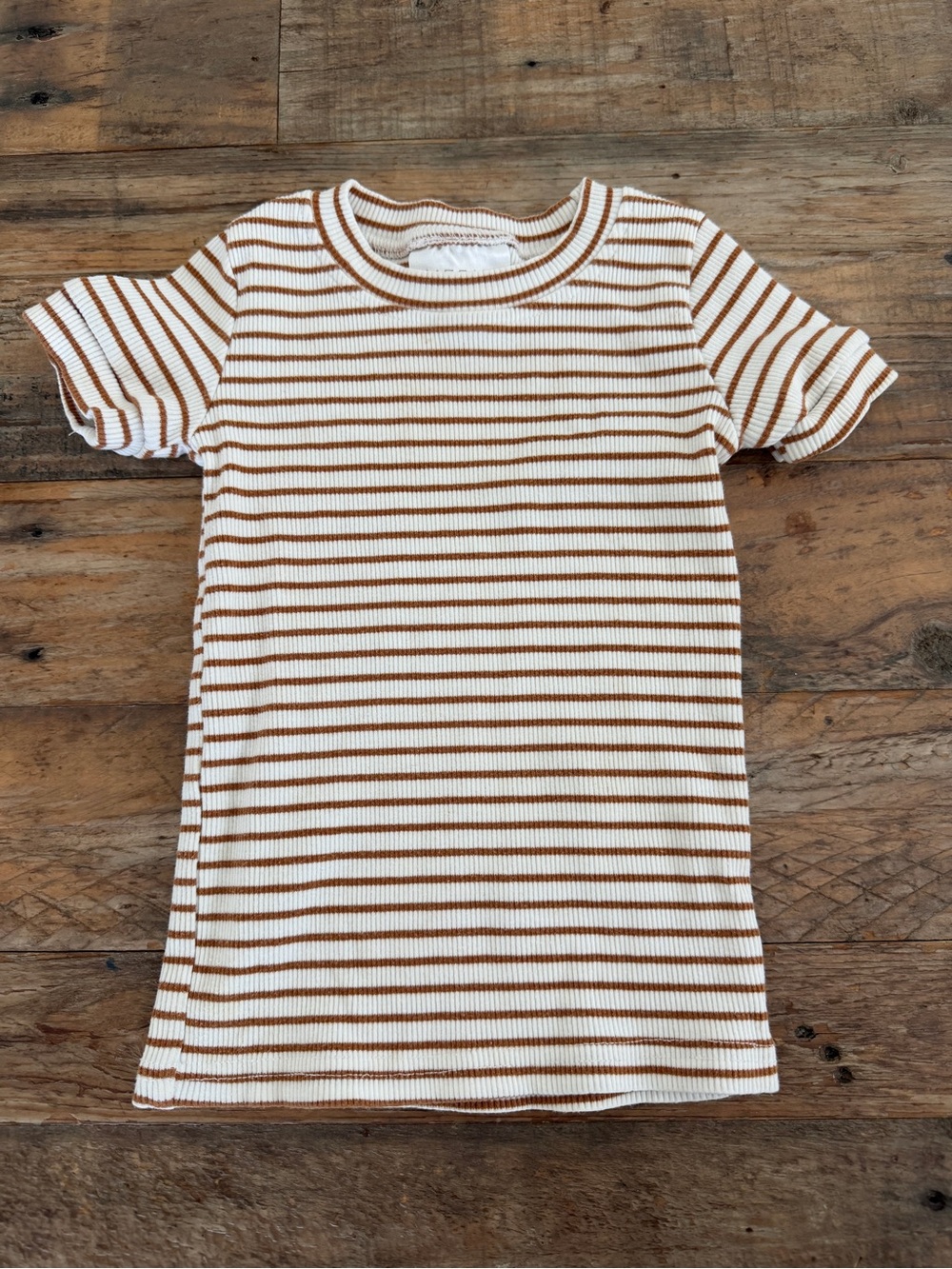 Mebie baby Ribbed Short-Sleeve Tee in White and Brown Stripes